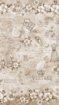 an old fashioned wallpaper with flowers and letters