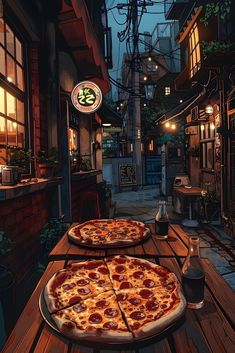 two large pizzas sitting on top of a wooden table next to each other in front of a restaurant