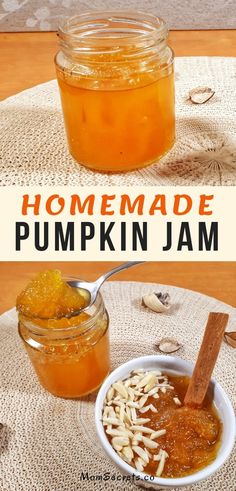 homemade pumpkin jam in a mason jar on a table with text overlay that reads homemade pumpkin jam