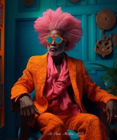 a man with pink hair and glasses sitting in a chair wearing an orange suit,