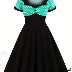 Olivia Mark - Womens Plus Size Retro Occasion Dress: Colorblock Polka Dot Print with Button Decor, Short Sleeve and Sweetheart Neckline, A-line Hepburn Style Dress Vestidos Retro, Robes D'occasion, Button Decor, Swing Design, Classic Vintage Style, Hepburn Style, Womens Apparel, Vestidos Vintage, Curve Dresses