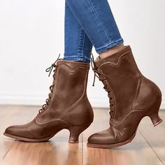 Category:Boots; Upper Materials:PU; Season:Fall,Winter; Heel Type:Kitten Heel; Gender:Women's; Activity:Walking; Toe Shape:Round Toe; Type:Booties Ankle Boots; Style:Minimalism,Elegant,Casual,Vintage; Heel Height(inch):1-2; Outsole Materials:Rubber; Occasion:Daily,Outdoor; Closure Type:Lace-up; Pattern:Solid Color; Listing Date:09/18/2023; Production mode:External procurement; 2024 Trends:Brogue,Plus Size,Heel Boots; Size chart date source:Provided by Supplier. Fall Heel, Cheap Ankle Boots, Witch Boots, Booties Ankle Boots, Boots Style, 2023 Trends, Winter Ankle Boots, Elegant Casual, Vintage Boots