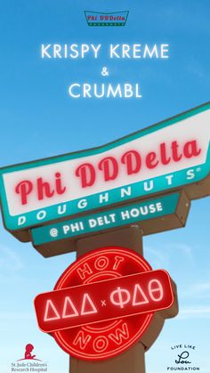 the sign for krispy kreme and crumbl in front of a blue sky