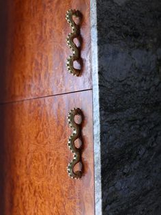 two metal handles on a wooden door