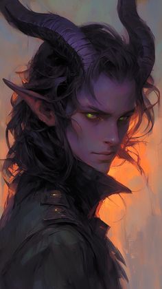 a painting of a male elf with horns and green eyes