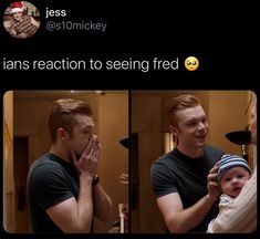 a man holding a baby in his arms with the caption that reads, i'm