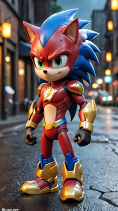 an action figure is shown on the street in front of a building with lights and rain