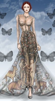 a woman in a dress surrounded by butterflies