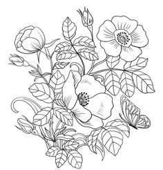 a bouquet of flowers with leaves and butterflies on the stems, coloring pages for adults