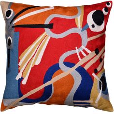 Red Kandinsky Decorative Pillow Cover Intuitive Flow II Wool HandEmbroidered 18x18 - Kashmir Designs Bright Pillows, Chain Stitch Embroidery, Embroidered Pillow Covers, Abstract Pillows, A Ladder, Embroidered Wool, Modern Throw Pillows, Star Map, Modern Pillows