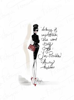 a drawing of a woman in black dress and heels with handwritten words on it