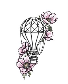 a hot air balloon with pink flowers in the shape of a cage on white background