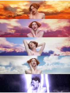 four different images of the same person with red hair and no shirt, one is naked