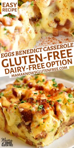 Gluten-free eggs Benedict casserole in a white pan and a slice on a white plate. Gluten Free Eggs Benedict, Easy Overnight Breakfast Casserole, Easy Overnight Breakfast, Dairy Free Breakfast Casserole, Gluten Free Breakfast Casserole, Gluten Free Dairy Free Breakfast, Dairy Free Breakfast, Benedict Casserole, Eggs Benedict Casserole