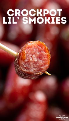 a close up of food on a stick with the words crockpot lil's smokies