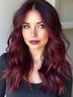 Ready for a Change? 29 Stunning Burgundy Hair Color Inspirations Ruby Balayage Hair, Berry Ombre Hair, Burgundy Balayage On Brown Hair, Wine Red Hair Balayage, Cherry Cola Hair Color Balayage, Balayage Hair Red Auburn, Red Lob Haircut, Black And Red Balayage, Maroon Balayage