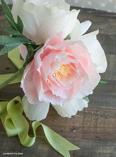 two pink and white flowers sitting on top of a wooden table next to green ribbon