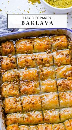 an easy puff pastry baklava in a baking dish with the title above it