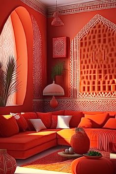 a living room with red walls and orange furniture in the center, along with potted plants