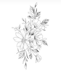 a black and white drawing of flowers with leaves on the bottom half of their petals