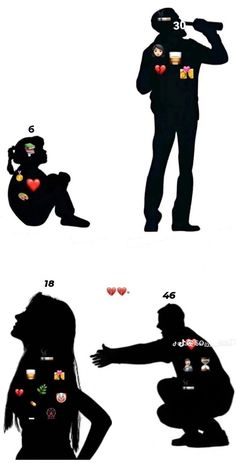 the silhouettes of people are shown in different positions and sizes, with hearts on them