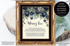 an ornate gold frame with blue flowers on it and the words money tree written below