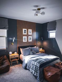 a bed room with a neatly made bed and two brown leather chairs next to it