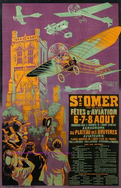 an old poster with some people in front of a building and planes flying over it