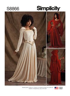 Beautiful and majestic knit costume dresses for misses and miss petite. These dresses are perfect for your next cosplay or fair event. Hooded Dress Sewing Pattern, Faire Dress, Elizabethan Dress, Petite Knit, Dress Corset, Costume Sewing Patterns, Period Outfit, Costume Patterns, Simplicity Sewing