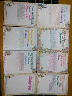 four pieces of paper with colorful writing on them