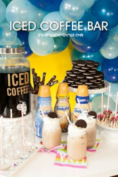 an iced coffee bar with ice cream, cookies and marshmallows