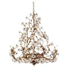 a chandelier with white flowers hanging from it's centerpiece, on a white background