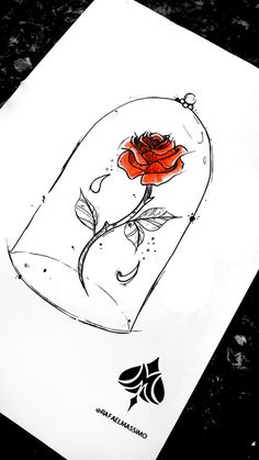 a drawing of a red rose in a glass vase