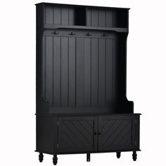 a black cabinet with two doors and three drawers on it's sides, against a white background