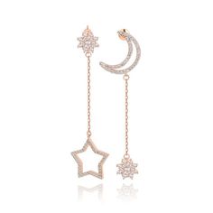 Material: Copper, Rhodium or Gold Plated, Cubic ZirconiaSize: 6.5cm by 1.9cmWeight: 7g per pairDesign: Asymmetrical Flower Moon and Star on a Chain Dangle Drop Statement Earrings Color: White, Silver, Rose Gold Travel Inspired Jewelry, Star And Moon, Star Chain, Statement Drop Earrings, Earrings Flower, Steampunk Jewelry, Moon And Star, Moon Jewelry, Zirconia Earrings