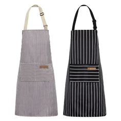 two aprons are shown side by side, one is black and the other has white stripes