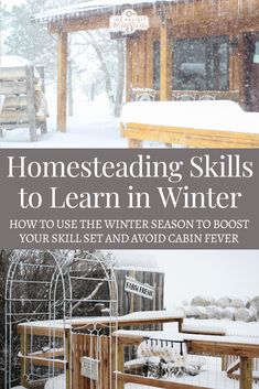 the front cover of a book with an image of a cabin in the background and text that reads homesteading skills to learn in winter