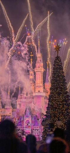 the castle is lit up for christmas and people are looking at fireworks in the sky