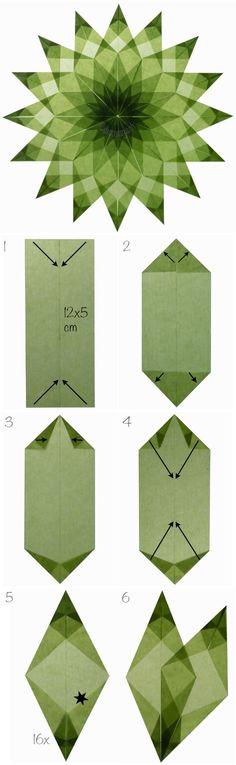 the instructions to make an origami flower with green leaves and petals on it