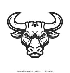 an angry bull's head with big horns and large horns on the face, black and