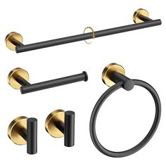 black and gold bathroom accessories set with towel ring, toilet paper holder, shower curtain rod