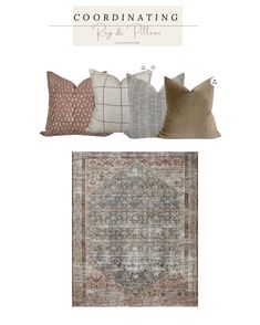 pillows and rugs are featured in the color scheme for this home decor catalog, which includes