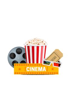 an image of a movie ticket with popcorn and film reel on white background for your design