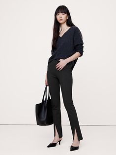 This skinny pant is designed for comfort, cut from our Everywhere Ponte fabric with a split-hem detail at the front.   We developed this special Ponte de Roma, enhancing its softness with special stretch fibers that create a smooth, supportive fit that always looks polished.   4-way Stretch Skinny Fit: High rise (10").  Skinny fit with a split-hem detail.  Full length.  Sustainability: Made with Birla Livaeco™ viscose, a fiber derived from renewable wood resources and sourced from responsibly managed forests.  Birla Livaeco™ viscose is manufactured using a stringent closed-loop process that significantly reduces carbon emissions and water consumption as compared to generic viscose.  Pull-on design with concealed elastic at the waist.  No pockets.  Pin-tuck stitch detail creates the look of Ponte Fabric, Water Consumption, 50 Off Sale, How To Hem Pants, Split Hem, Pin Tucks, Carbon Emissions, Charcoal Gray, Summer Sale