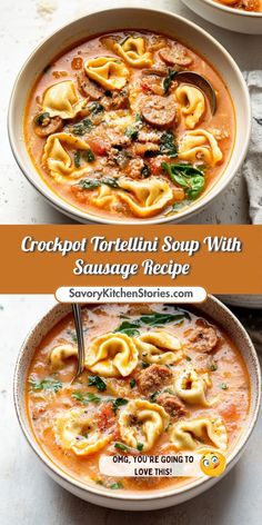 two bowls of tortellini soup with sausage and spinach in tomato broth