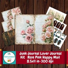 the junk journal is open and has pink roses on it, along with other items