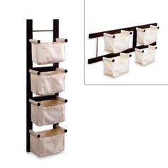 an over the door storage rack with four bags hanging from it