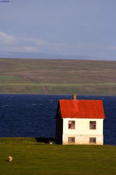 a small white house sitting on top of a lush green field next to the ocean