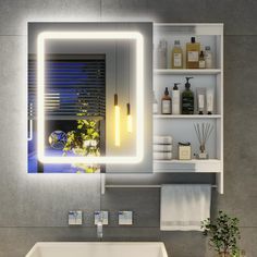 a bathroom with a sink, mirror and shelves