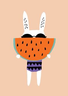 an animal with sunglasses on its face holding a watermelon slice in it's arms